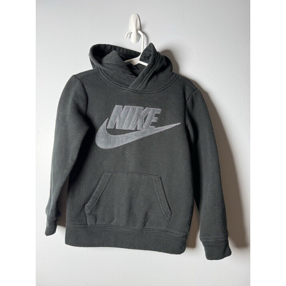Nike Youth Black Pullover Sweatshirt Hoodie Grey Textured Swoosh Size 4 XS